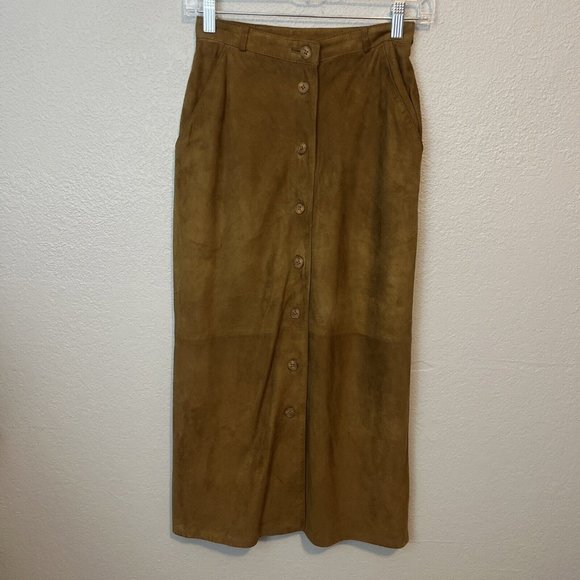 Vintage Kenneth Gordan Brown Leather Suede Pencil Maxi Skirt With Buttons Sz 4 - Picture 1 of 10